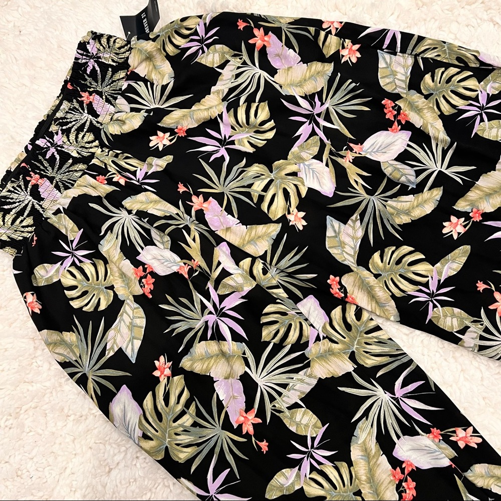 Forever 21 Floral Leaf Print / Sheer Wide Leg Smocked Pants